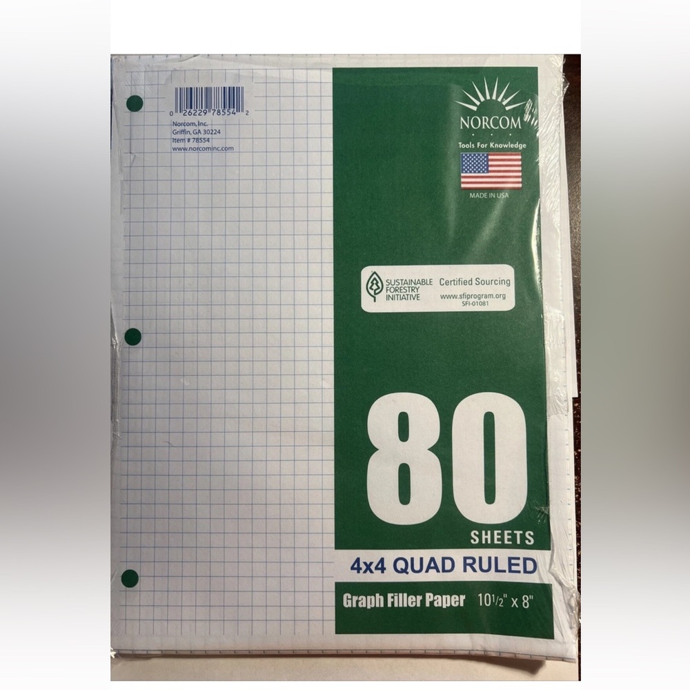 Norcom 80 sheets graph ruled Quad filler paper (4x4) 10.5”x8”,NEW
